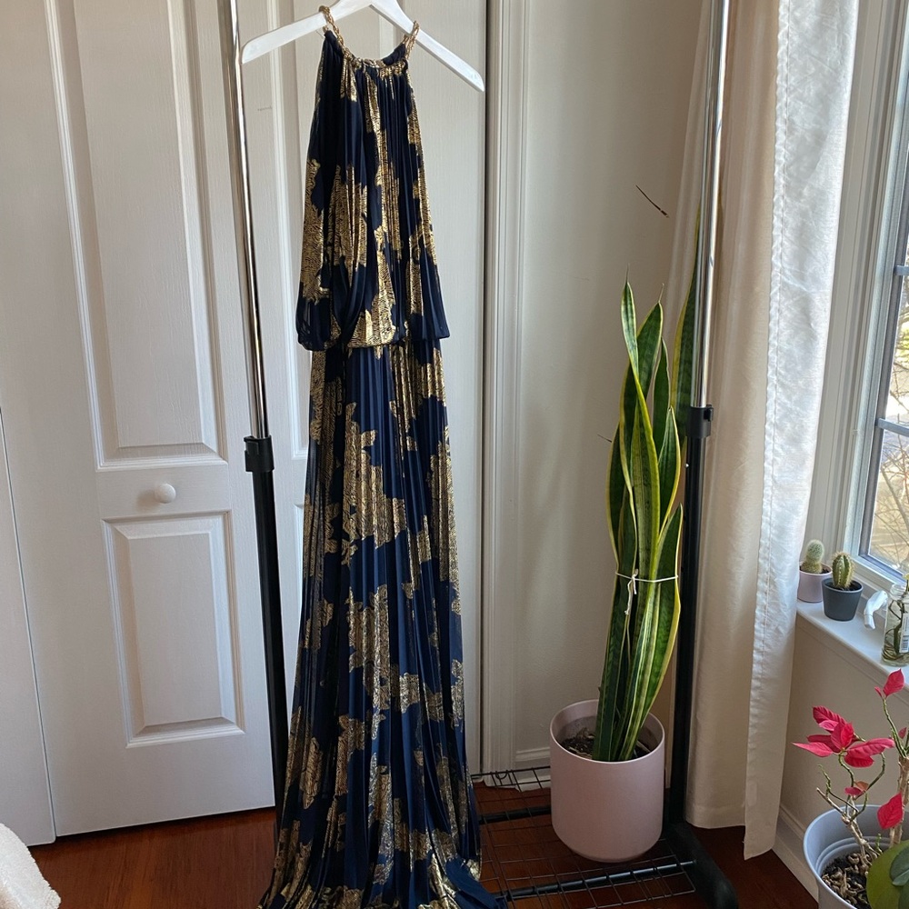 NWT Cache Elegant Navy and Gold Maxi Dress